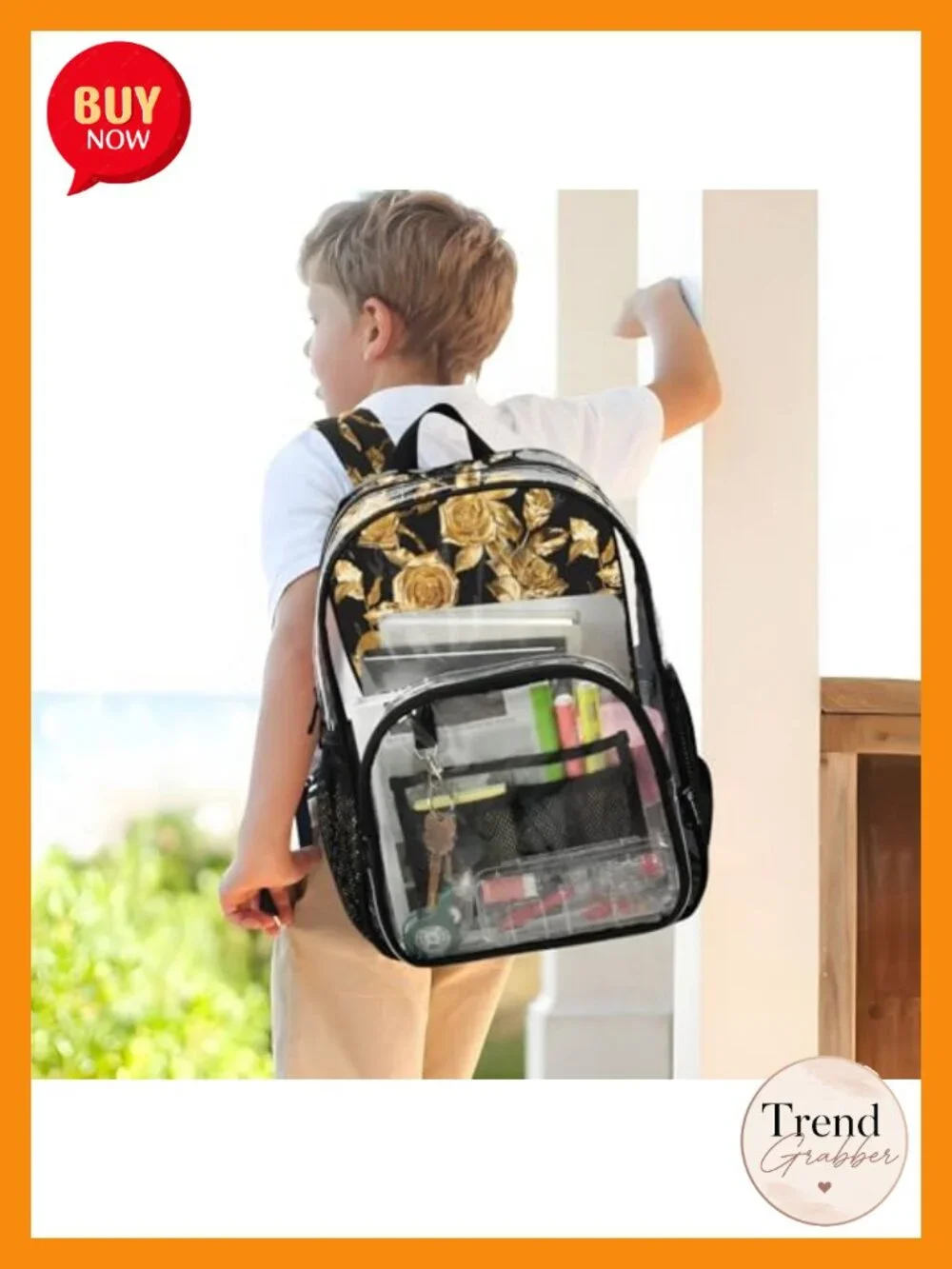 Clear Fashion Backpack with Artistic Floral Print Waterproof PVC Daypack for